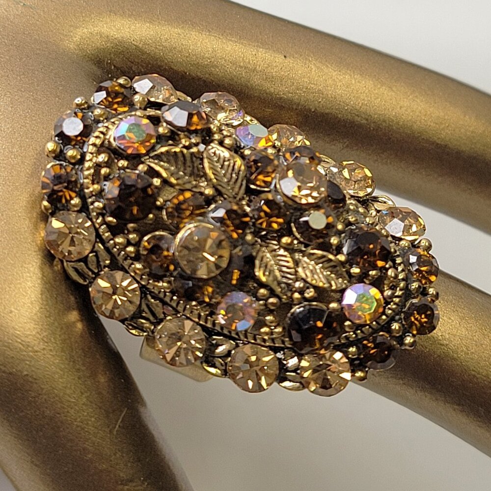 Amber Rhinestone Cocktail Ring ADJUSTABLE Band Brown rhinestone Fashion Ring